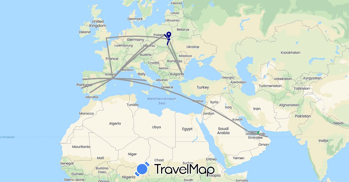 TravelMap itinerary: driving, bus, plane in United Arab Emirates, Bulgaria, Czech Republic, Spain, United Kingdom, Italy, Oman, Poland, Portugal, Qatar (Asia, Europe)